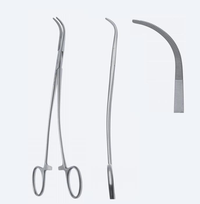 Зажими, хірургічні, дисекційні та лігатурні, "Overholt", S-вигнуті, зубчасті щелепи, з кремальєрою, довжина 220 мм. Бренд - Asanus Medizintechnik Gmb, Німеччина